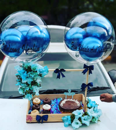 Wooden Dessert Basket with Balloons & Cupcake Set