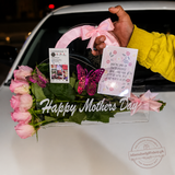 Luxury Mother’s Day acrylic flower bag with Happy Mothers Day text, pink roses, butterfly decorations, message card, pink ribbon.