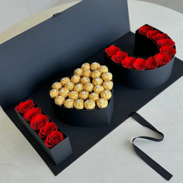 Premium "I Love You" Box with Red Roses and Ferrero Rocher
