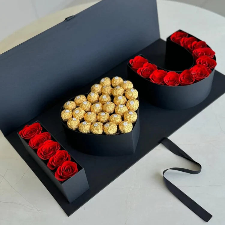 Premium "I Love You" Box with Red Roses and Ferrero Rocher