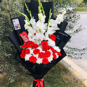 The Perfect Blend Bouquet: Gladiolus, Roses, and Chrysanthemums with Chocolate