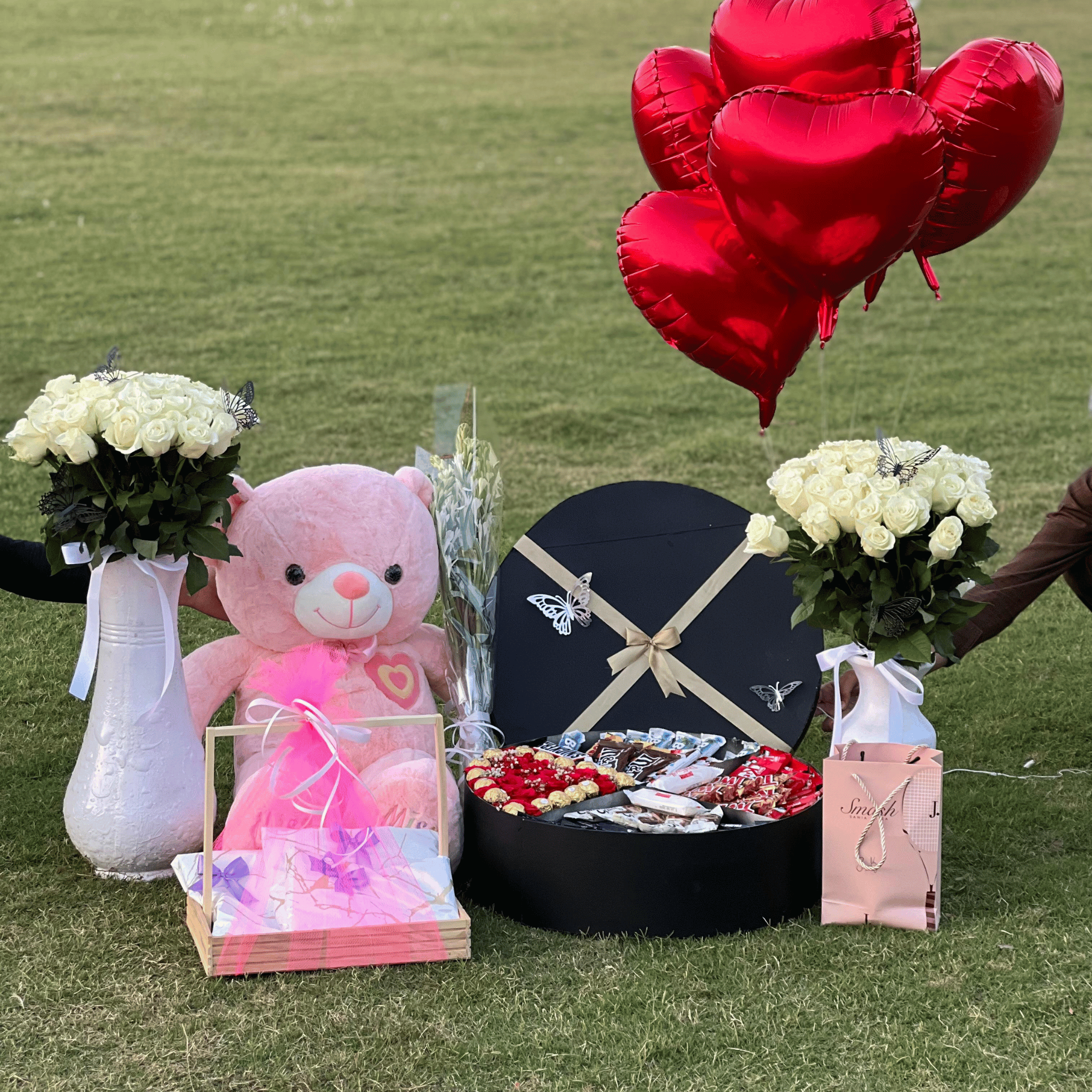 Luxury Imported White Roses Vases Chocolates Giftbox Dress Perfume Giftbasket Baloons Premium Thai Stuffed TeddyBear 3ft all for Lucky Fiance to make Her Birthday Unforgettable