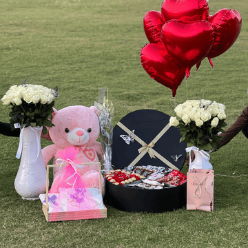 Luxury Imported White Roses Vases Chocolates Giftbox Dress Perfume Giftbasket Baloons Premium Thai Stuffed TeddyBear 3ft all for Lucky Fiance to make Her Birthday Unforgettable