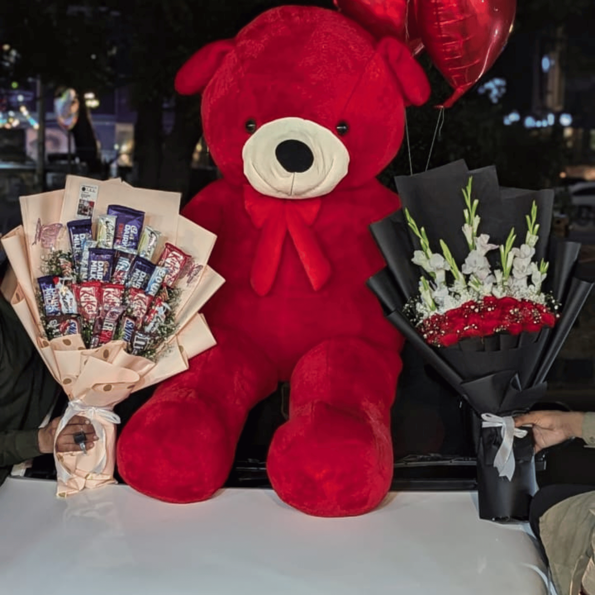 Romantic Gift Set for Her – Red Teddy, Chocolate & Roses Bouquet