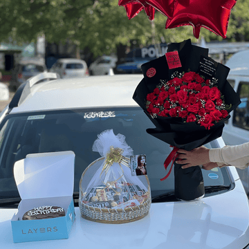 Premium Chocolates Basket|Red Roses Bouquet💐with Nutella Cake🎂Cards Helium Balloons