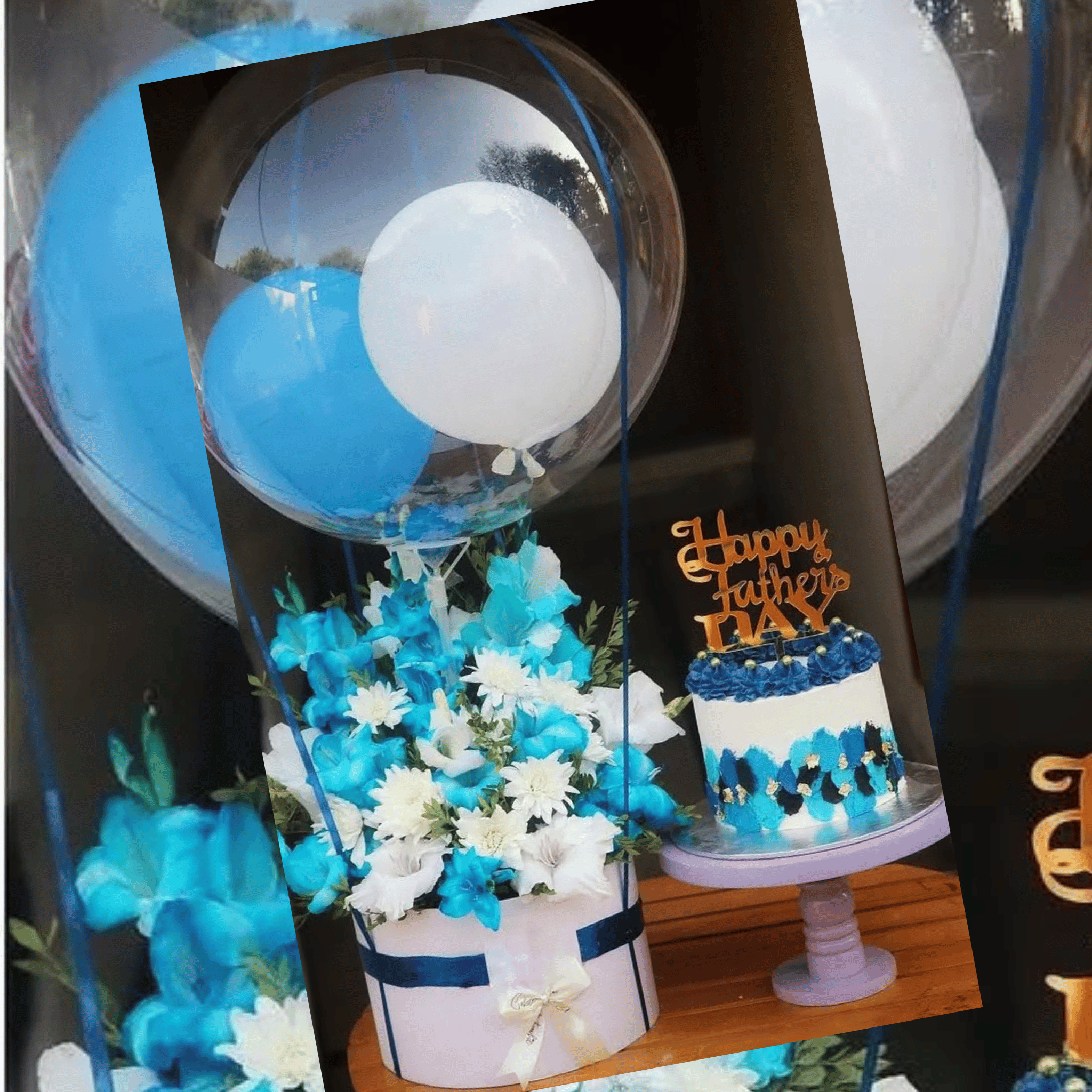 Gladiolus Balloon Box with Custom Cake for Dad