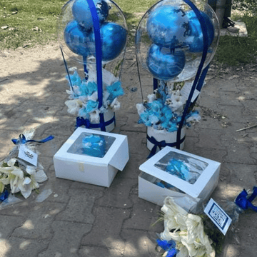 "Dad’s Celebration Combo” – Balloon Box, Cake & Mini Lilies Bouquet