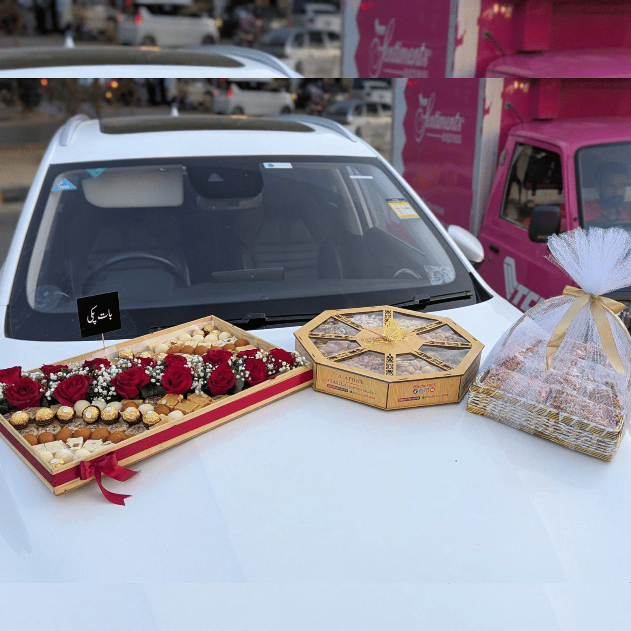 “Royal Treat Trio” – Mithai Tray, Chocolate & Dry Fruit Baskets with Floral Touch