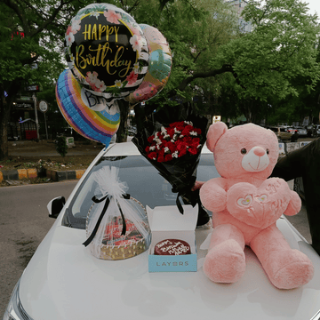“Sweetest Love Set” – Pink Teddy, Chocolate Basket, Red Roses, Cake & Foil Balloon