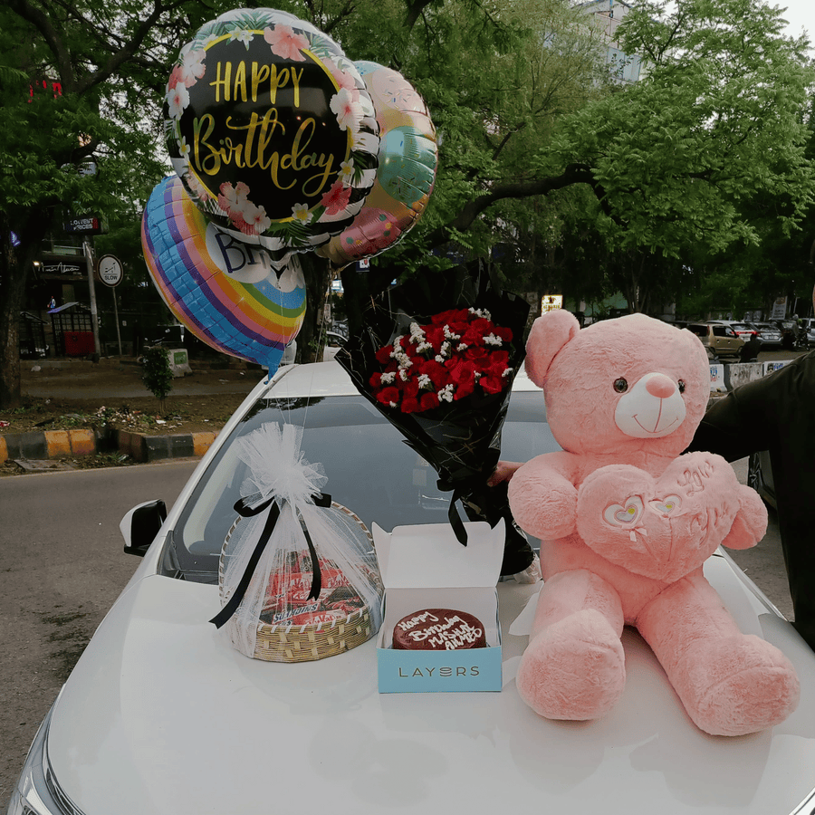 “Sweetest Love Set” – Pink Teddy, Chocolate Basket, Red Roses, Cake & Foil Balloon