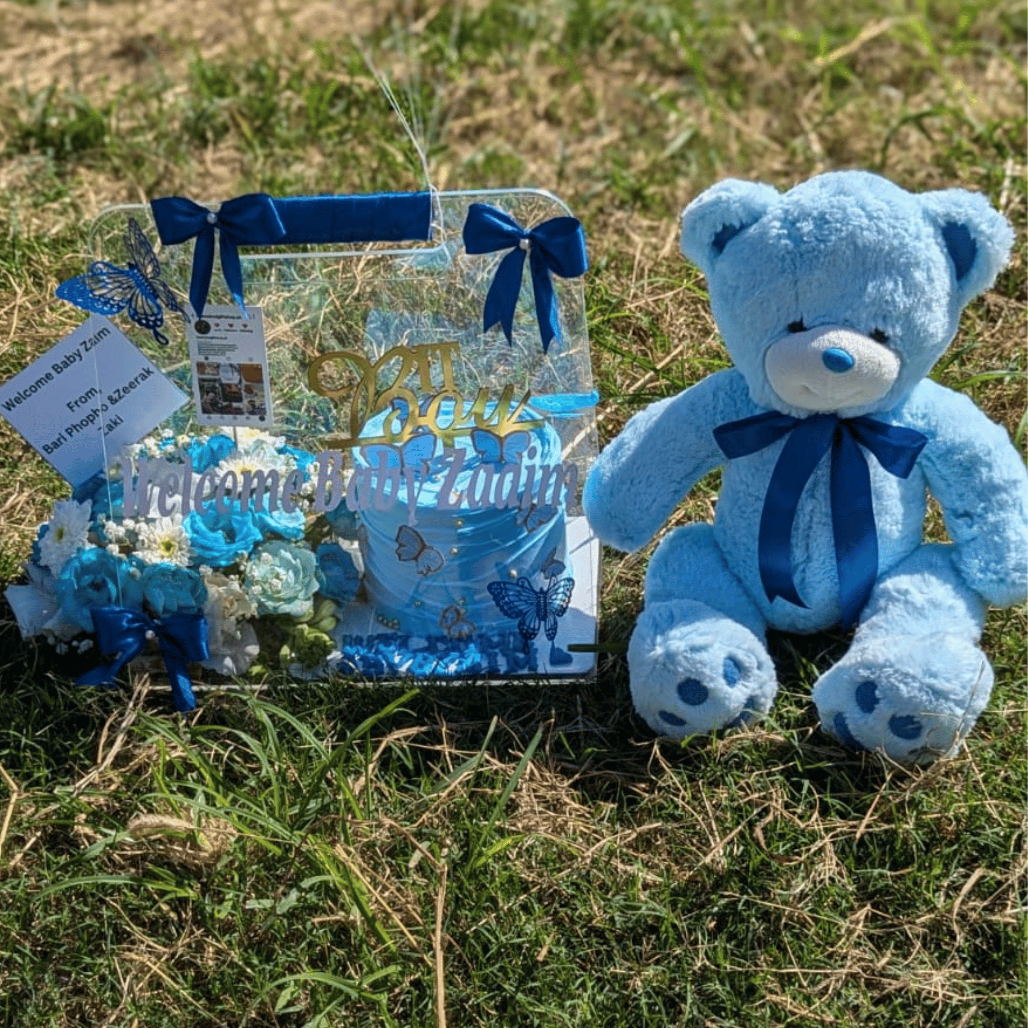 Blue Acrylic Gift with Cake & Teddy