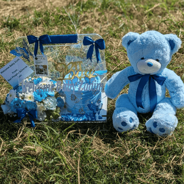 Blue Acrylic Gift with Cake & Teddy