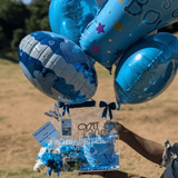 “Little Prince Welcome Set” – Acrylic Bag with Flowers, Cake & ‘It’s a Boy’ Foil Balloons