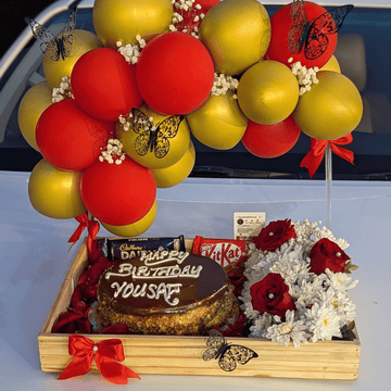 “Bold Love Basket” – Cake, Flowers Chocolates & Balloon Set for Her/Him