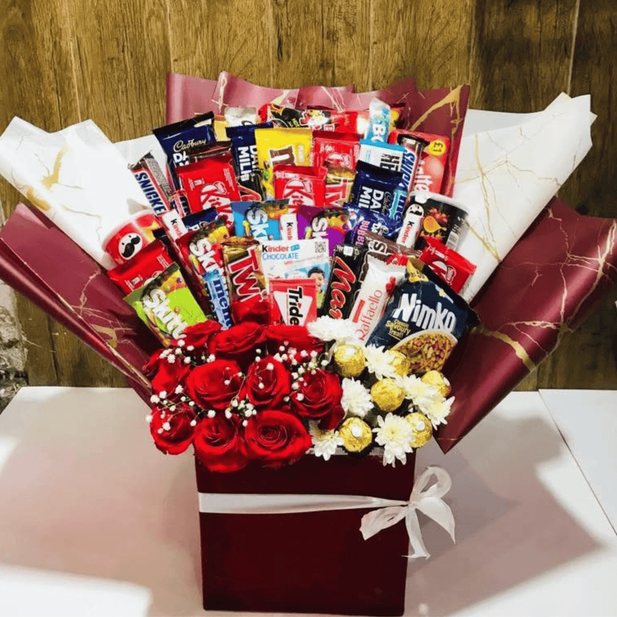 “Sweet Romance GiftBox” Favourite Chocolates with Red Rose Touch for Her