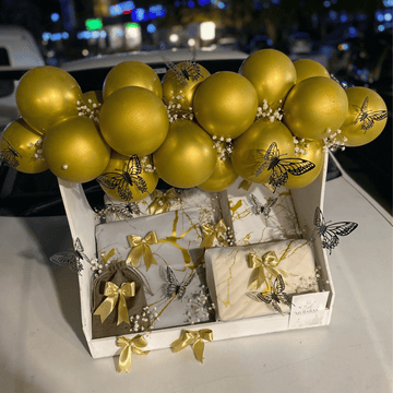 Golden Elegance Gift Basket” – Dress, Bag, Perfume with White & Gold Balloon Décor