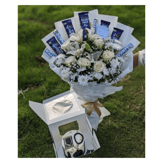 Luxury Bouquet with Custom Cake, Dairy Milk & Bounty Bars