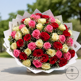 Luxury mixed rose bouquet with red, pink, and cream-white roses, baby’s breath, white wrapping.