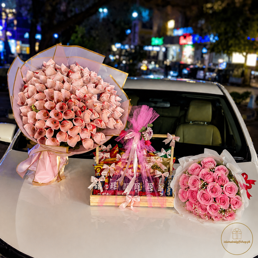 Luxury pink money bouquet gift set with chocolate basket, pink rose bouquet, ribbons