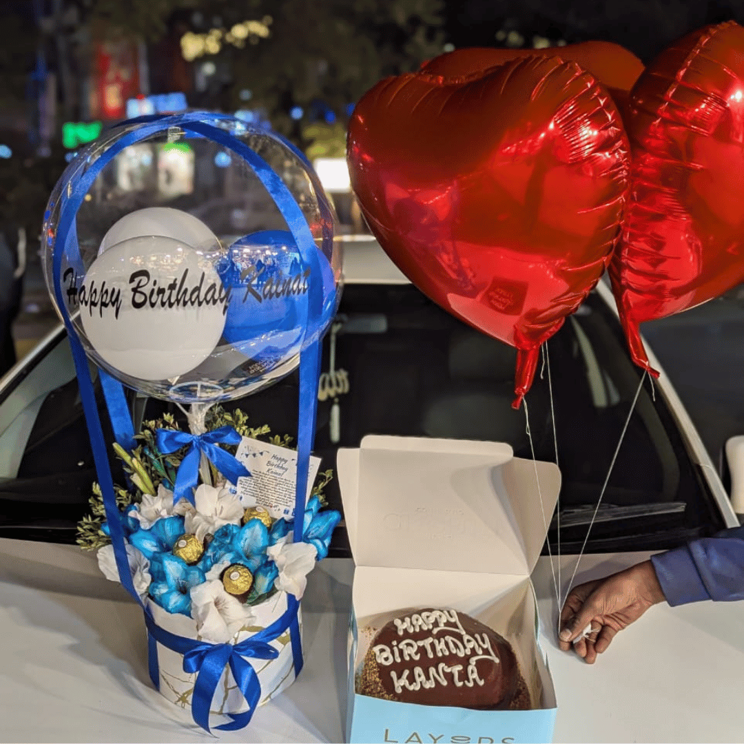 All-in-One Gift Box: Flowers, Cake, Ferrero Rocher & Heart Balloons