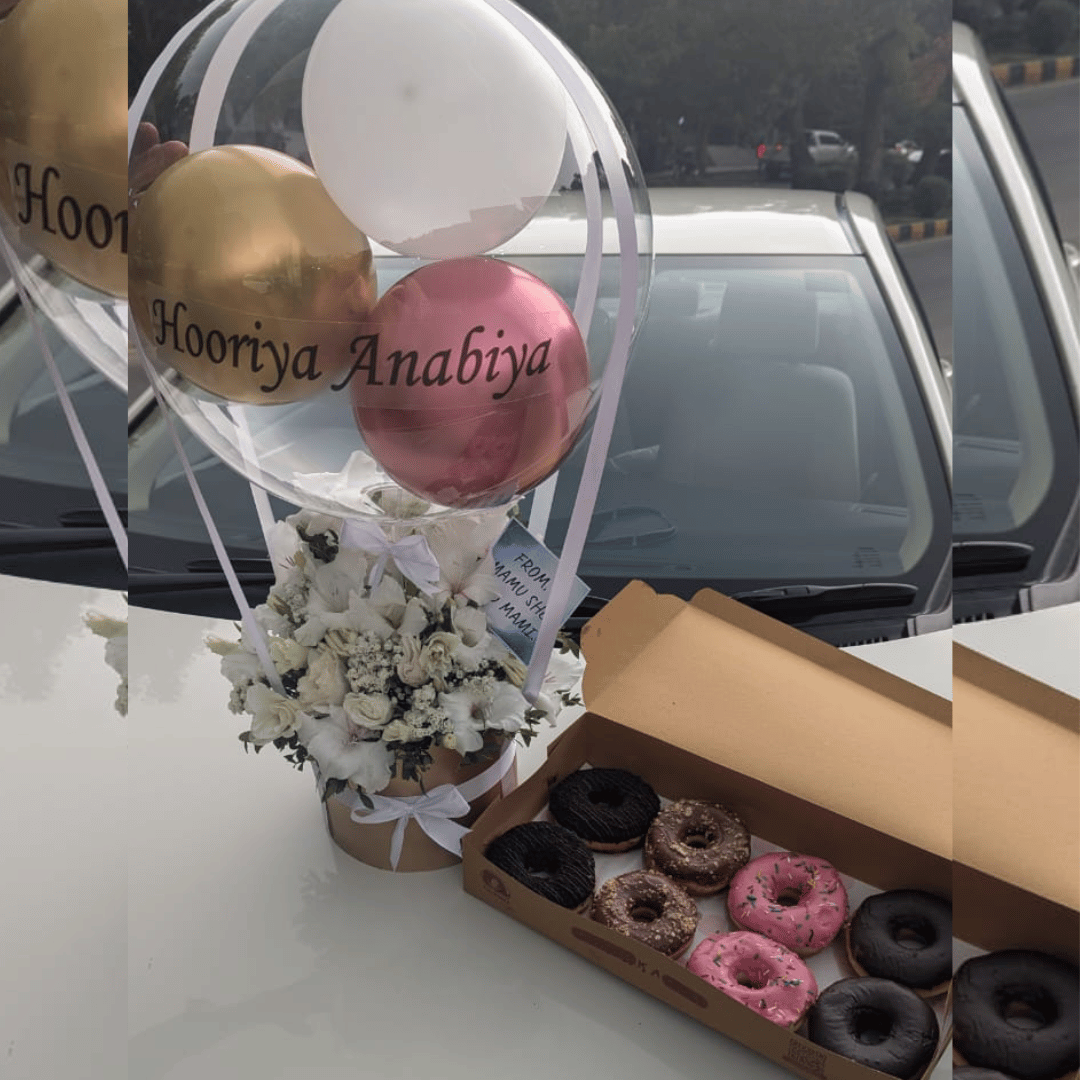 Golden Balloon Box with Donuts