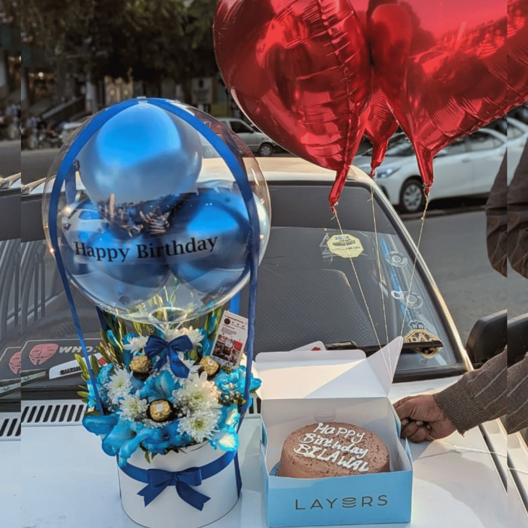 Blue Theme Balloon Box with Flowers, Cake & Heart Balloons