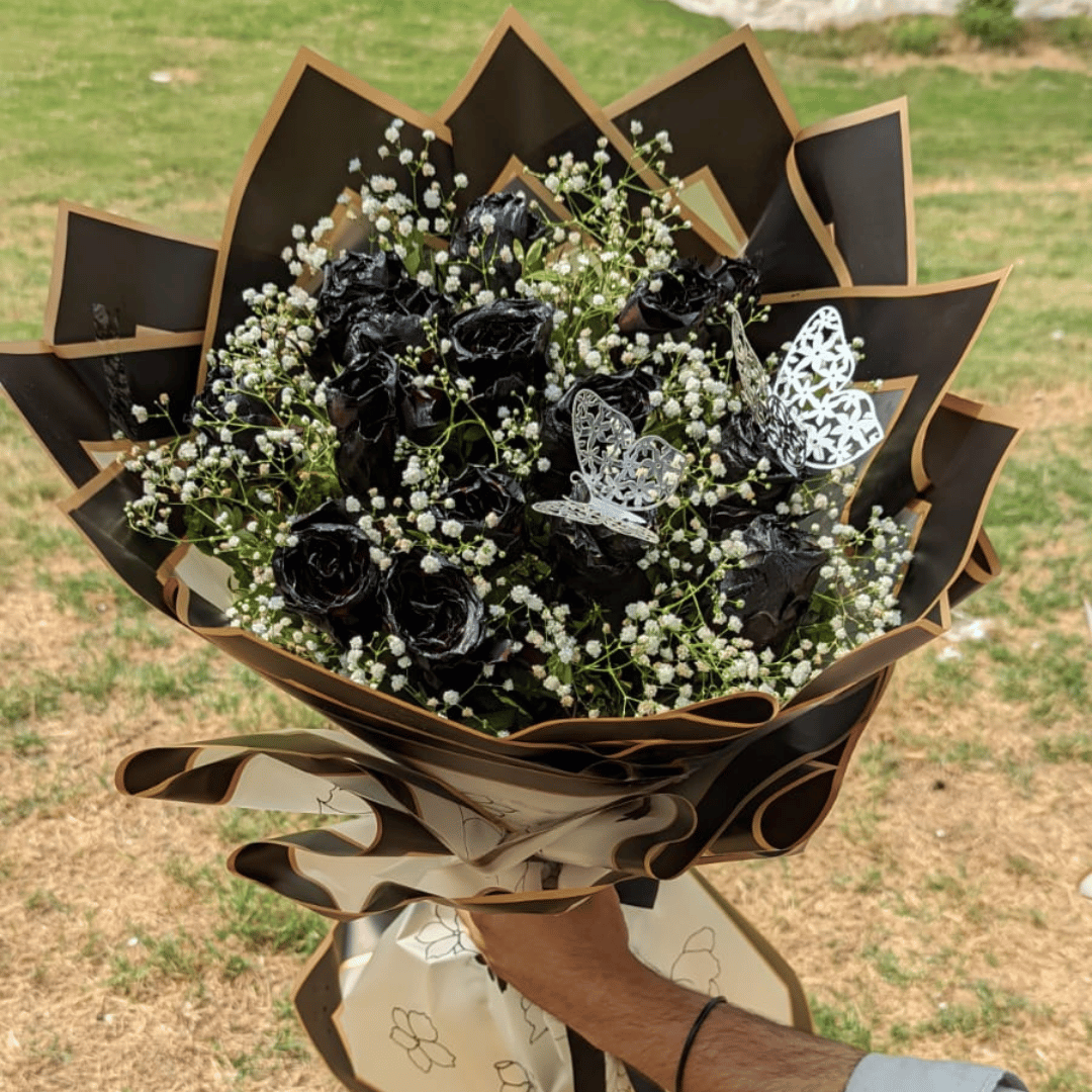 The "Midnight" Bouquet: Black Ribbon & Baby's Breath