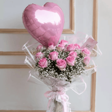 Luxurious Pink Roses & Baby's Breath Bouquet with Foil Balloons