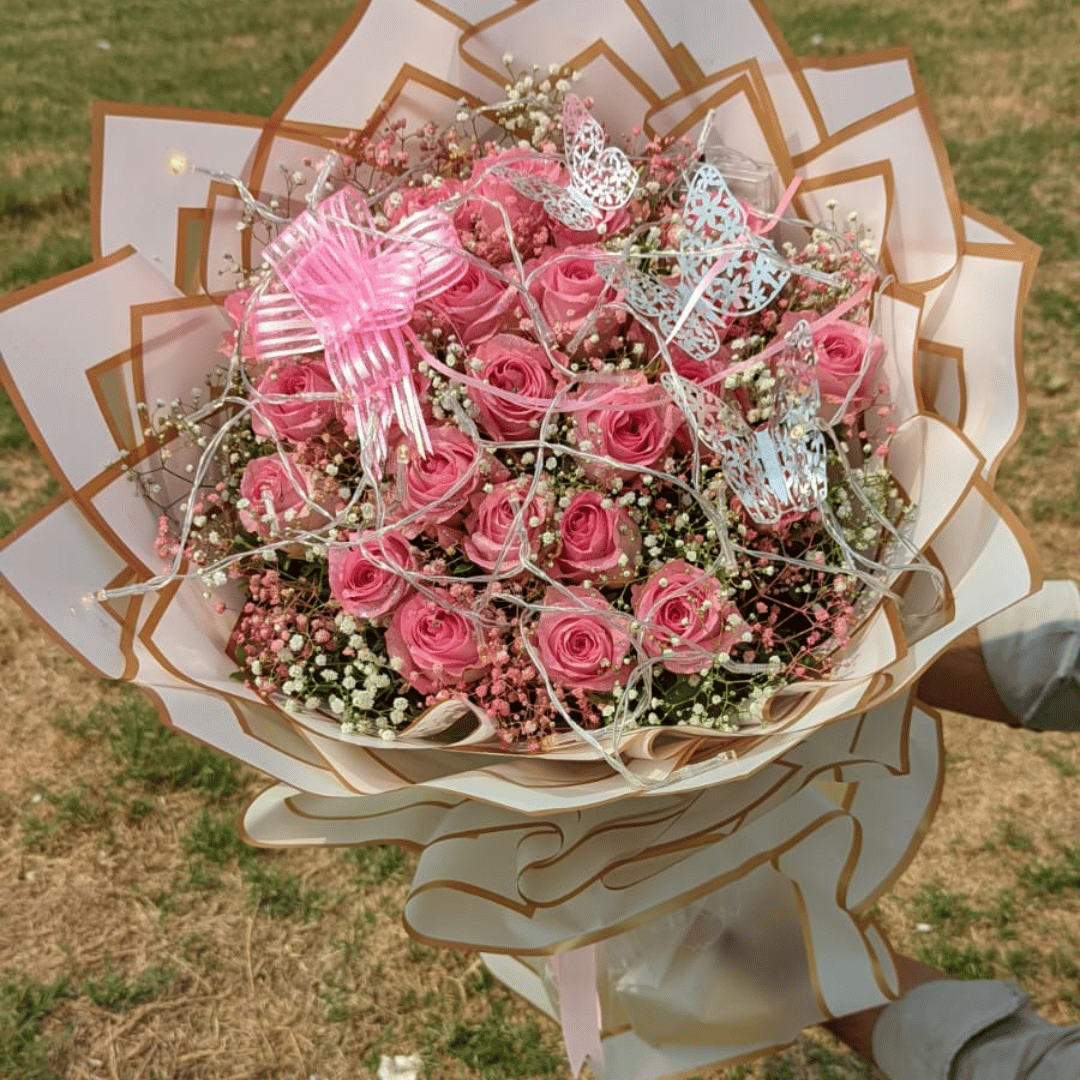 Stunning Pink Roses & Baby's Breath with Exquisite Packing