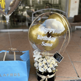 Black & Gold Balloon Box with White Roses & Layers Cake