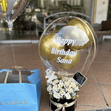 Black & Gold Balloon Box with White Roses & Layers Cake