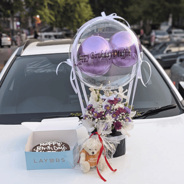 Purple Theme Balloon Box with Cake & Mini Teddy