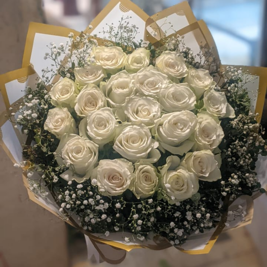 Elegant White Roses Bouquet with Baby’s Breath Touch