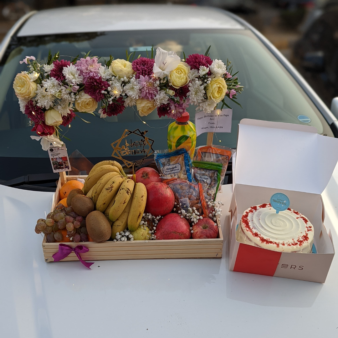 Ultimate Gift Basket – Fresh Fruits, Dry Fruits, Juices, Flowers & Cake