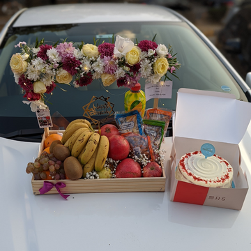 Ultimate Gift Basket – Fresh Fruits, Dry Fruits, Juices, Flowers & Cake