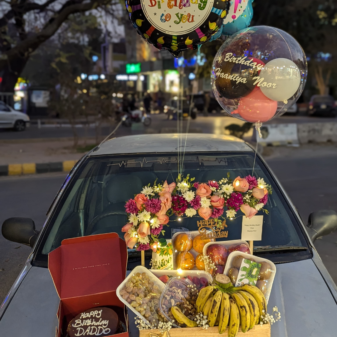 Ultimate Luxury Gift Basket – Fresh Fruits, Flowers, Customized Balloons & Cake