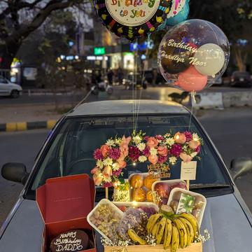 Ultimate Luxury Gift Basket – Fresh Fruits, Flowers, Customized Balloons & Cake