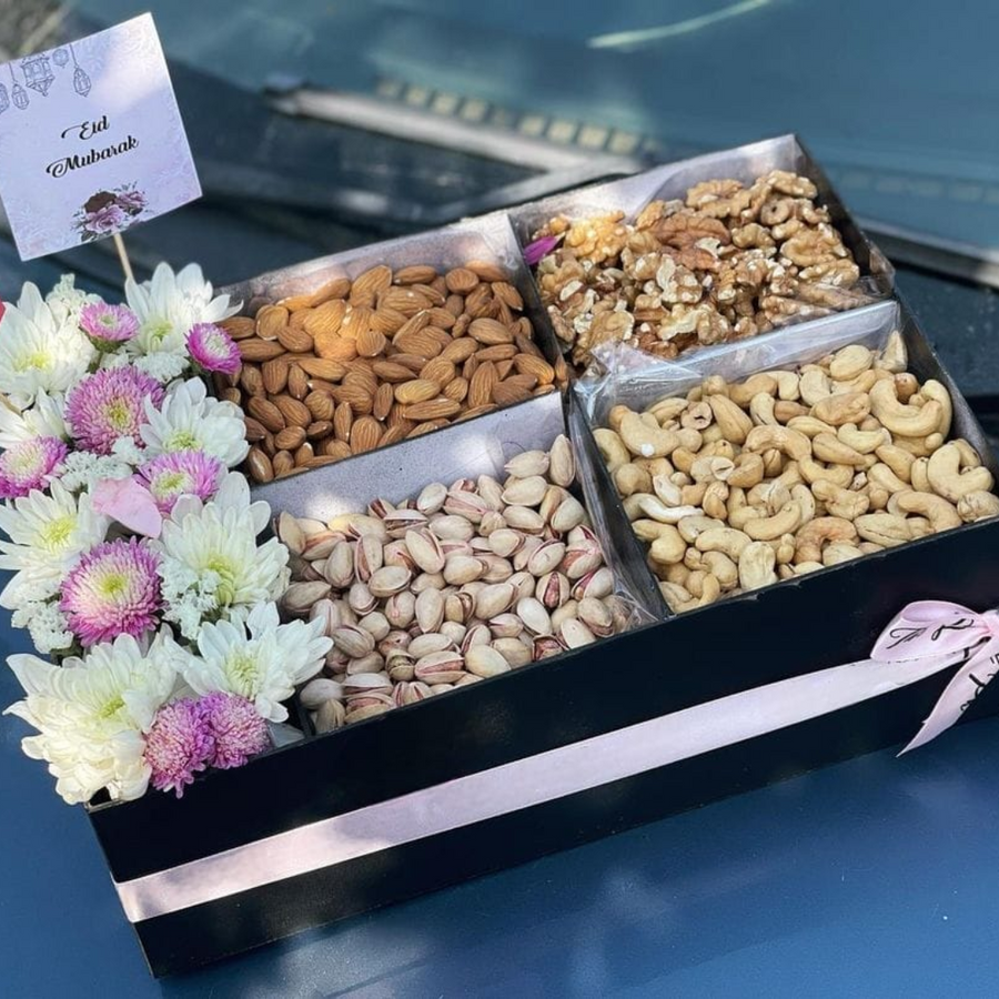 Elegant Dry Fruits Box with Fresh Flower Decoration – A Gift of Health & Beauty