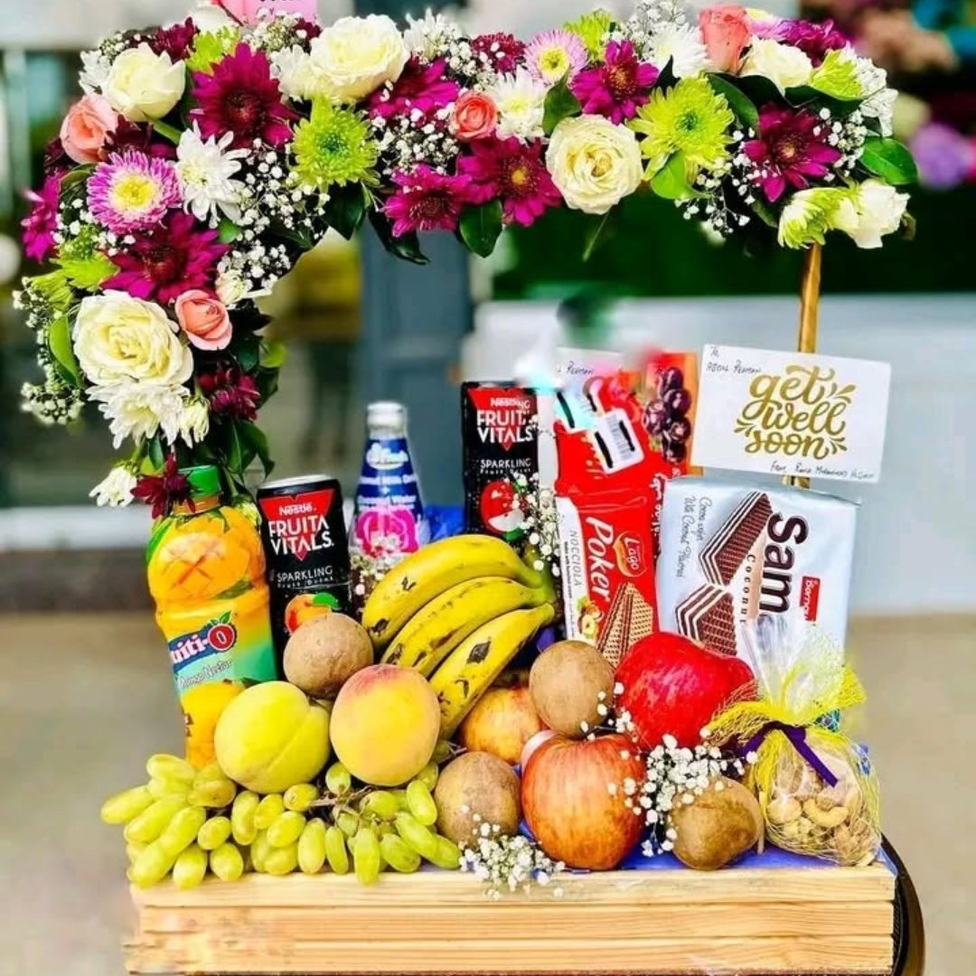 Fresh Fruit Basket with Juices & Flowers – A Perfect Gift of Health & Elegance