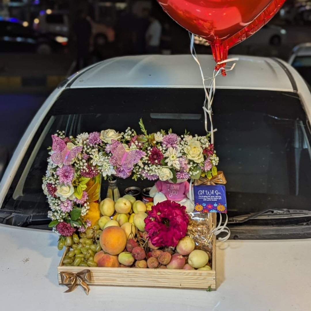 Fresh Fruit Basket with Gajray & Heart Balloons – A Gift Full of Love & Freshness