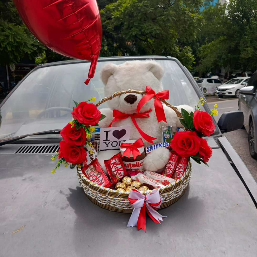 Sweet Surprise Basket – Chocolates, Mini Teddy & Red Roses