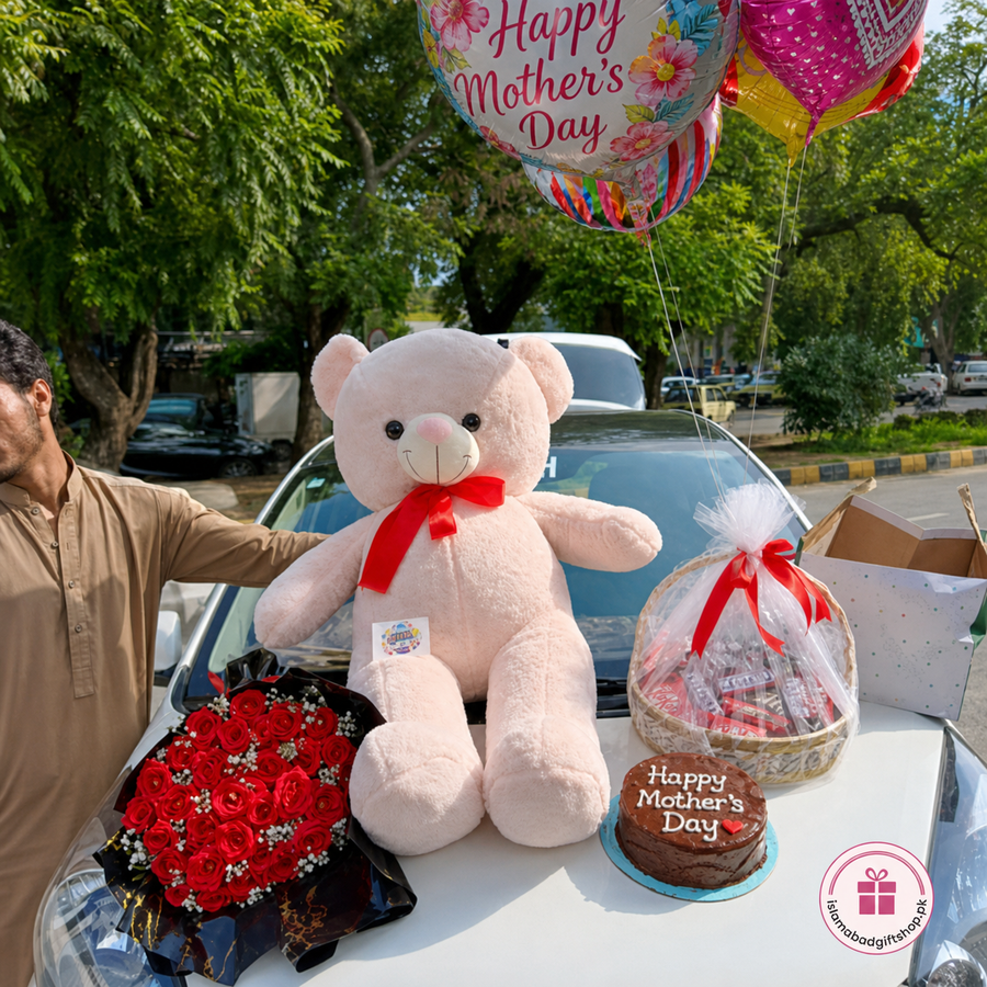 Mother’s Day gift set with pink teddy bear, red roses bouquet, Happy Mother’s Day cake, gift basket, balloons