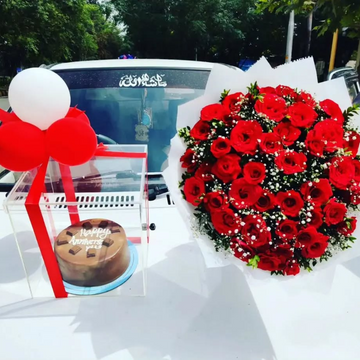 Romantic Red Roses Bouquet with Acrylic Bag, Cake & Balloons