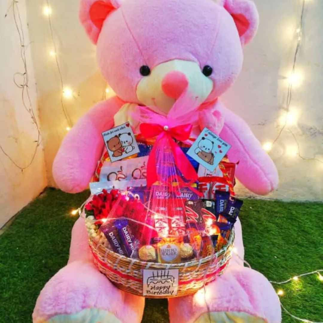 Teddy Bear Love: Pink Teddy & Chocolate Basket