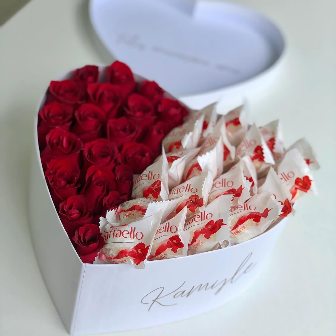 Luxury Heart: Red Roses with Raffaello Chocolates Box