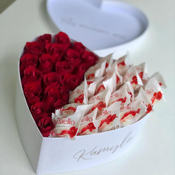 Luxury Heart: Red Roses with Raffaello Chocolates Box