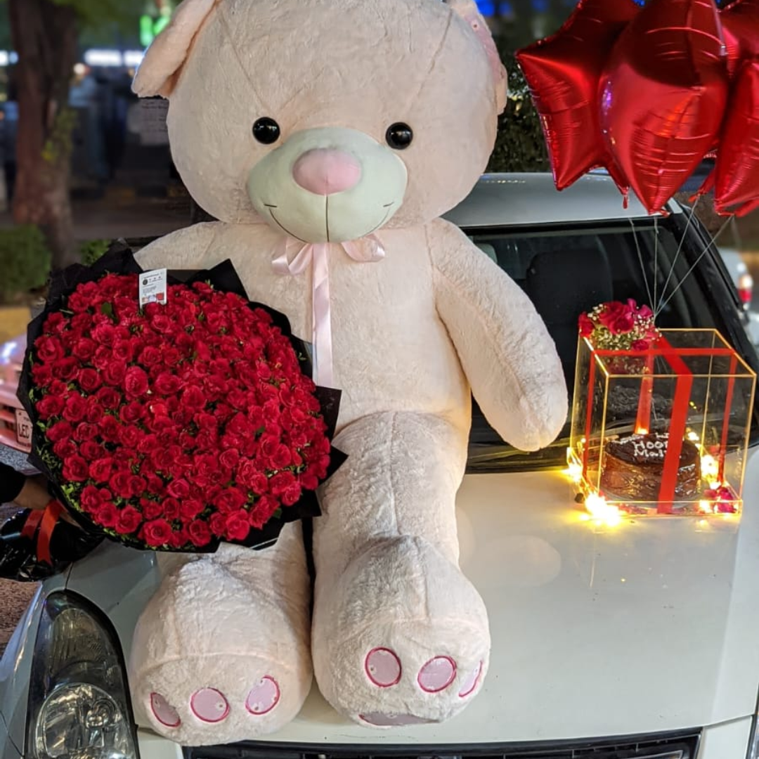 Our Best Selling Giftdeal|Premium Thai Stuff 6ft TeddyBear,Fresh Red Roses Bouquet,Cake in A Acrylic Box Fairylights Helium Balloons