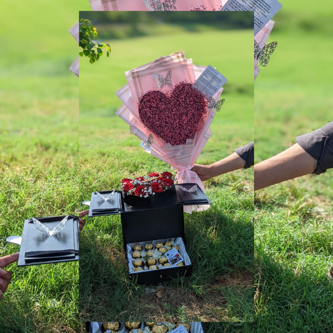 Baby’s Breath Heart Bouquet & Surprise Black Drawer Box
