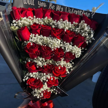 Will You Be My Valentine? Red Roses Bouquet with Baby’s Breath
