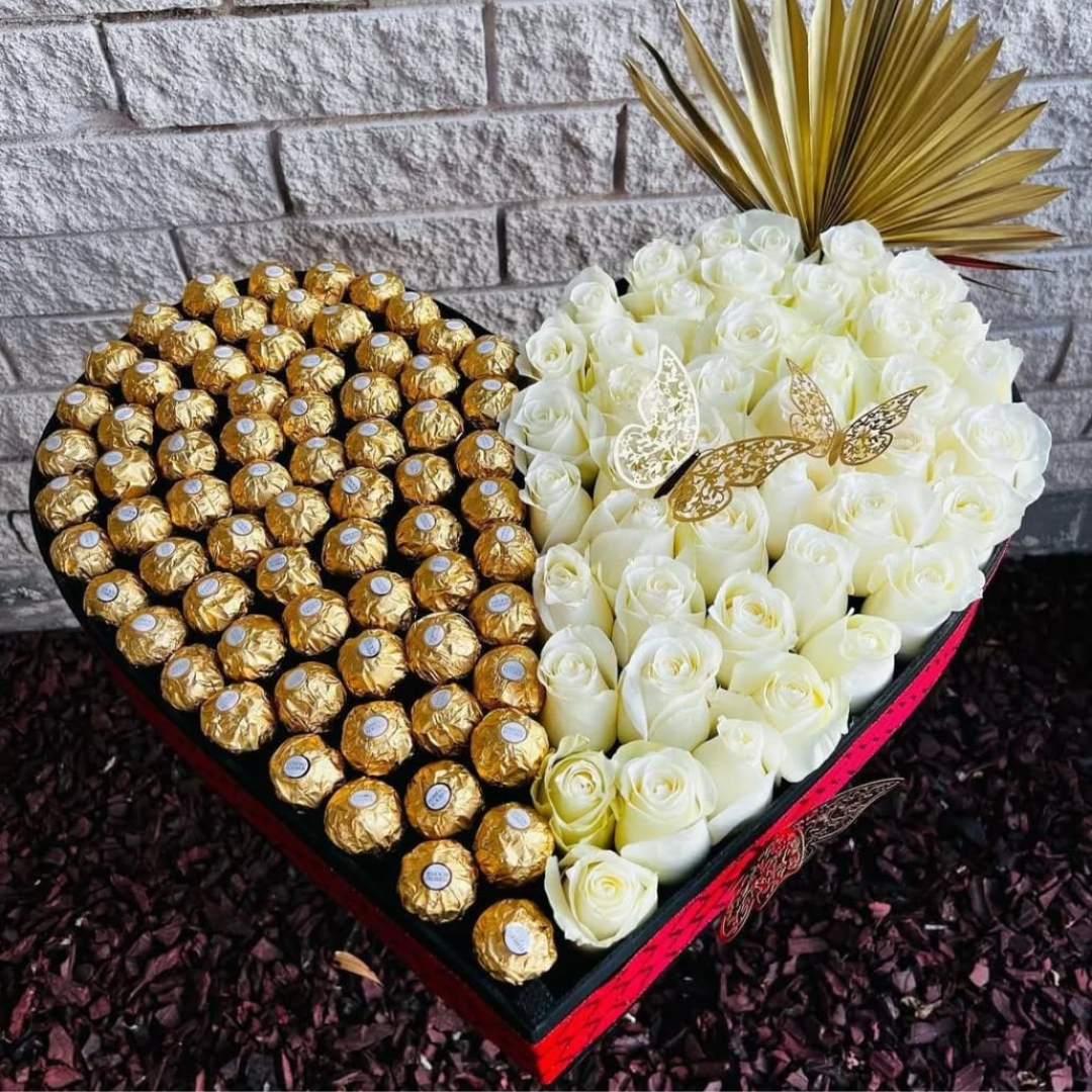 Premium White Roses & Ferrero Rocher Heart Box